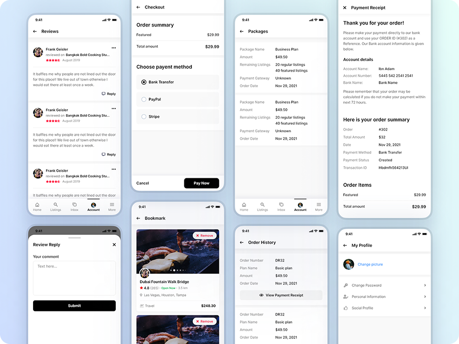 Directorist reviews, checkout, packages, and order history screens